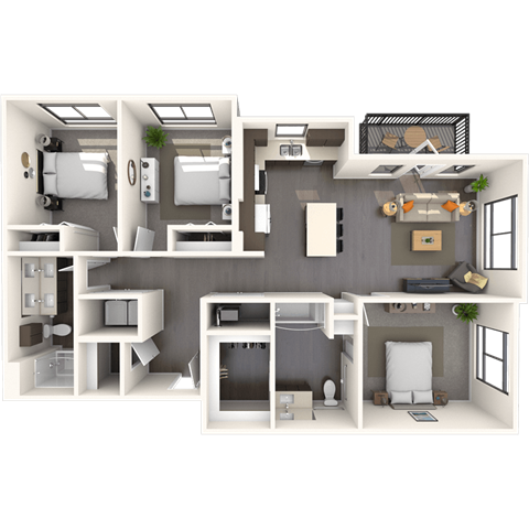 Floor plan for 3 beds, 2 baths, 1305 sqft